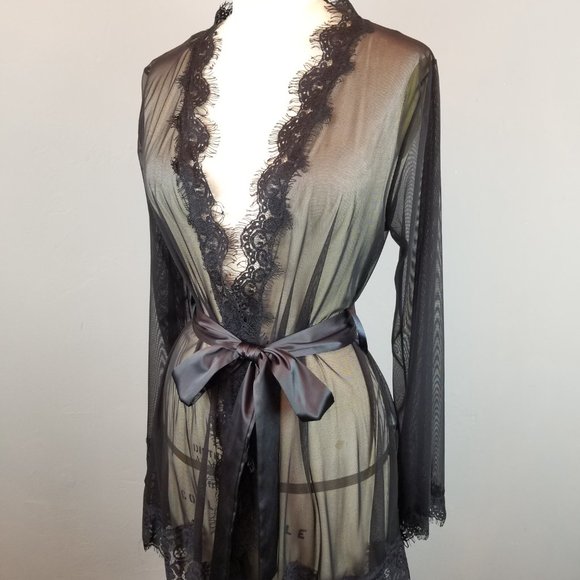 Oh La La Cheri Paris Romantic Sheer Black Lace Robe Women's Size Small / Medium - Picture 2 of 10